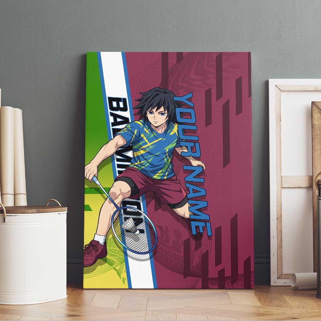 Personalized Giyuu Tomioka Demon Slayer Badminton Theme Canvas Wall Art with Racket Action Pose and Tricolor Graphic Design - The Mazicc