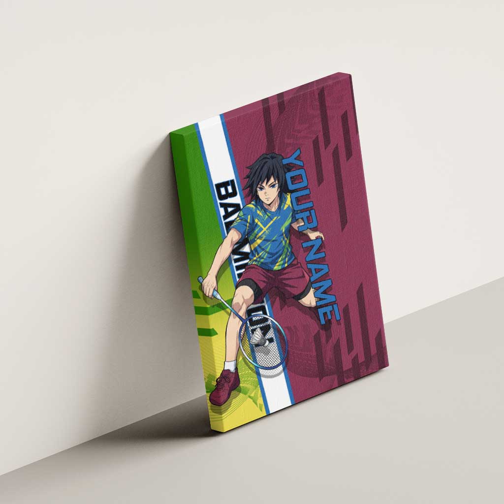 Personalized Giyuu Tomioka Demon Slayer Badminton Theme Canvas Wall Art with Racket Action Pose and Tricolor Graphic Design - The Mazicc