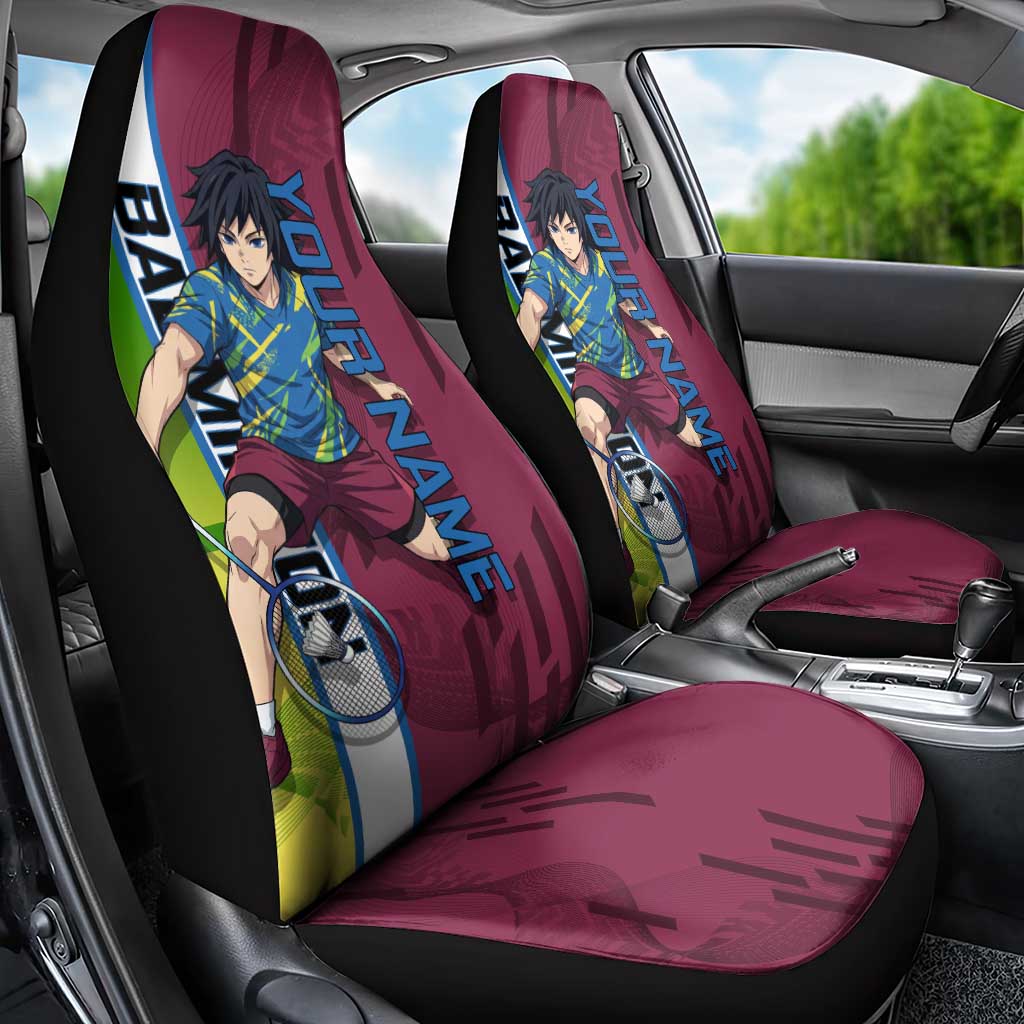 Personalized Giyuu Tomioka Demon Slayer Badminton Theme Car Seat Cover with Racket Action Pose and Tricolor Graphic Design - The Mazicc