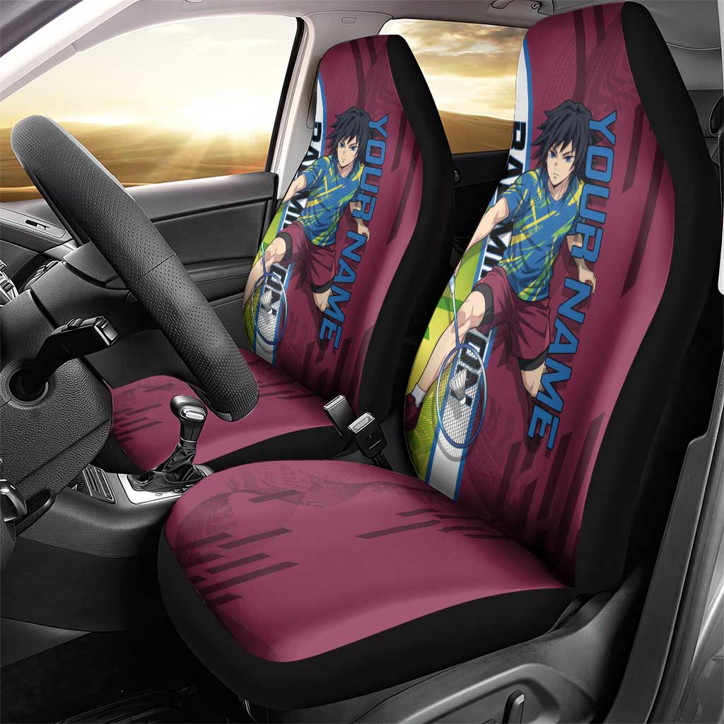 Personalized Giyuu Tomioka Demon Slayer Badminton Theme Car Seat Cover with Racket Action Pose and Tricolor Graphic Design - The Mazicc