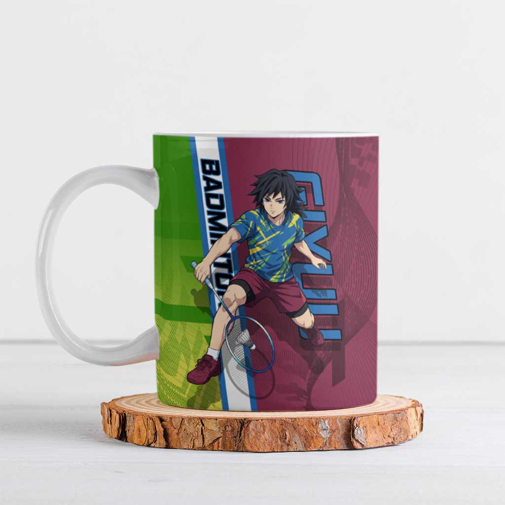 Personalized Giyuu Tomioka Demon Slayer Badminton Theme Ceramic Mug with Racket Action Pose and Tricolor Graphic Design - The Mazicc