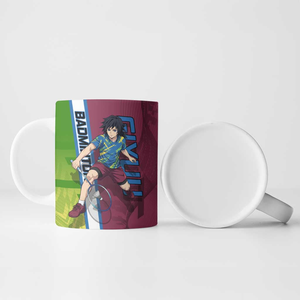Personalized Giyuu Tomioka Demon Slayer Badminton Theme Ceramic Mug with Racket Action Pose and Tricolor Graphic Design - The Mazicc