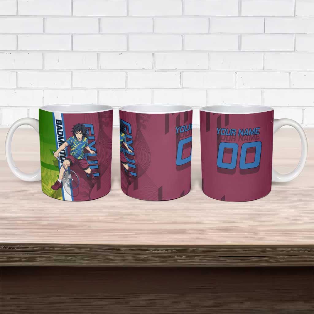 Personalized Giyuu Tomioka Demon Slayer Badminton Theme Ceramic Mug with Racket Action Pose and Tricolor Graphic Design - The Mazicc