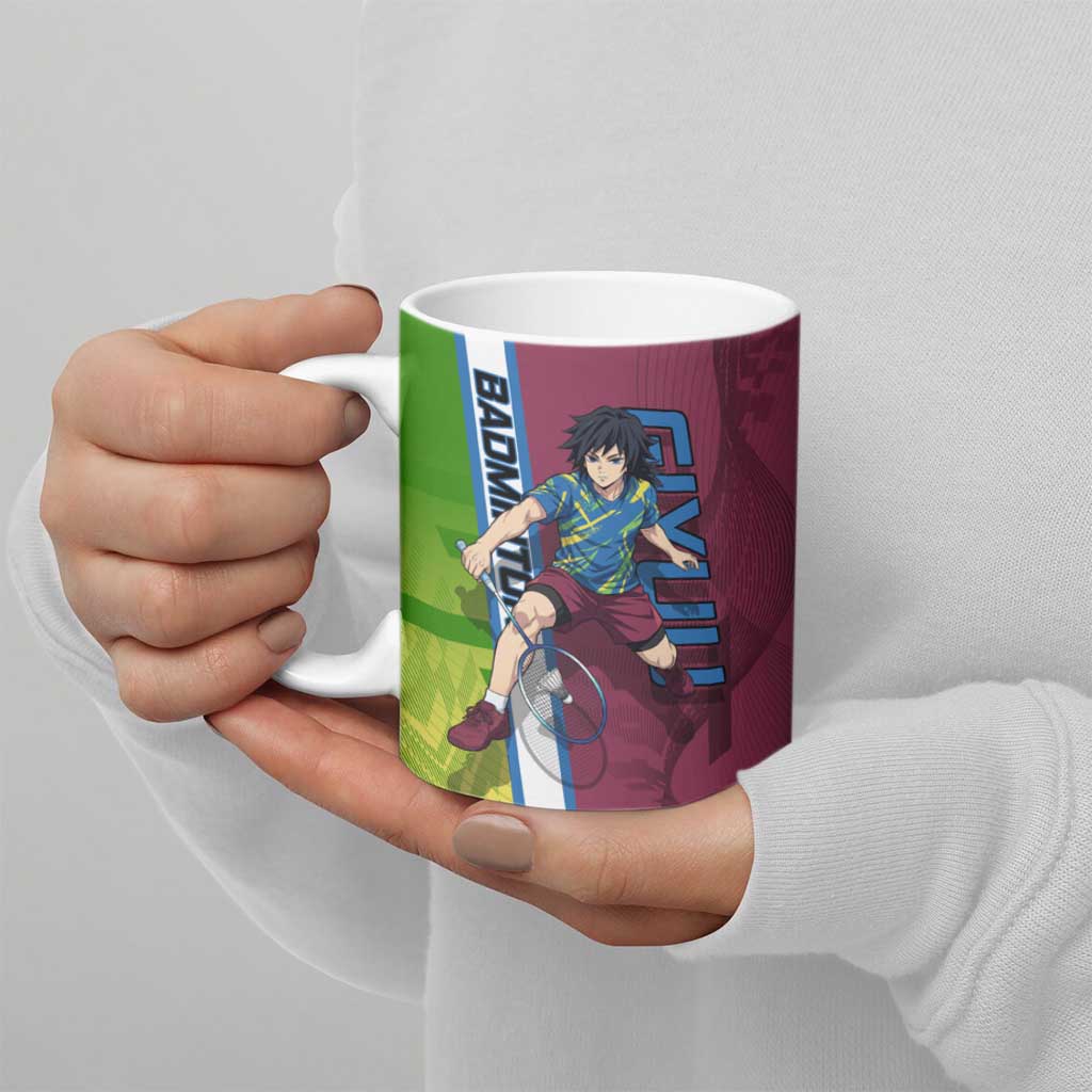 Personalized Giyuu Tomioka Demon Slayer Badminton Theme Ceramic Mug with Racket Action Pose and Tricolor Graphic Design - The Mazicc