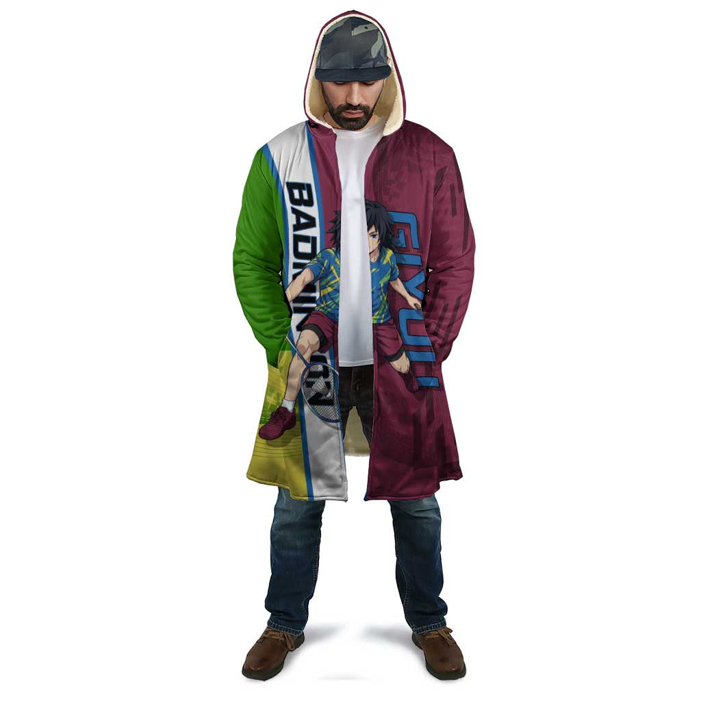 Personalized Giyuu Tomioka Demon Slayer Badminton Theme Cloak with Racket Action Pose and Tricolor Graphic Design - The Mazicc
