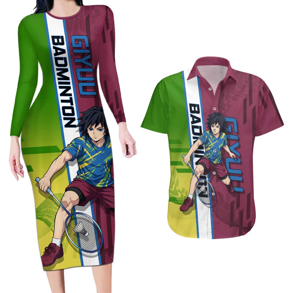 Personalized Giyuu Tomioka Demon Slayer Badminton Theme Couples Matching Long Sleeve Bodycon Dress and Hawaiian Shirt with Racket Action Pose and Tricolor Graphic Design - The Mazicc