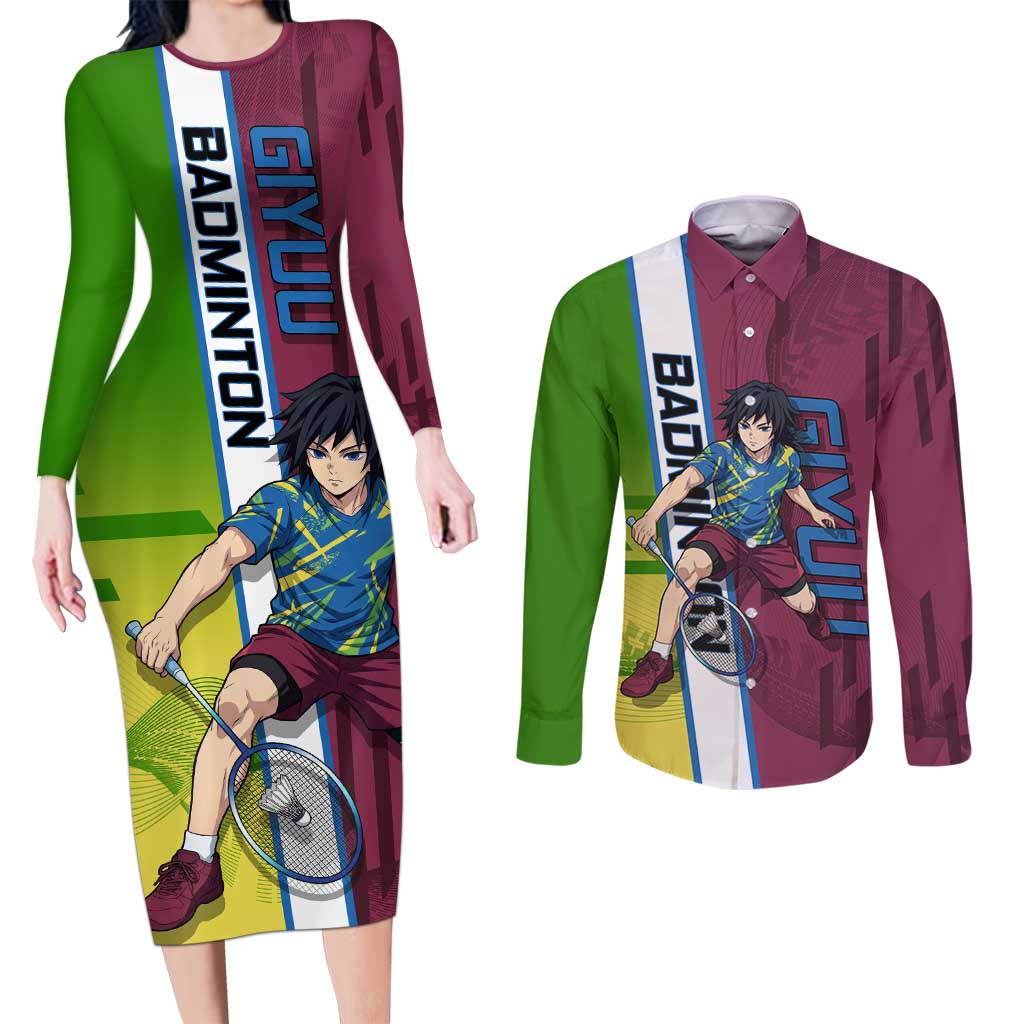 Personalized Giyuu Tomioka Demon Slayer Badminton Theme Couples Matching Long Sleeve Bodycon Dress and Long Sleeve Button Shirt with Racket Action Pose and Tricolor Graphic Design - The Mazicc