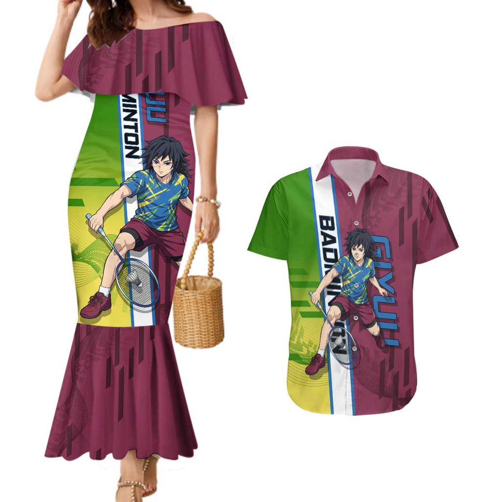 Personalized Giyuu Tomioka Demon Slayer Badminton Theme Couples Matching Mermaid Dress and Hawaiian Shirt with Racket Action Pose and Tricolor Graphic Design - The Mazicc