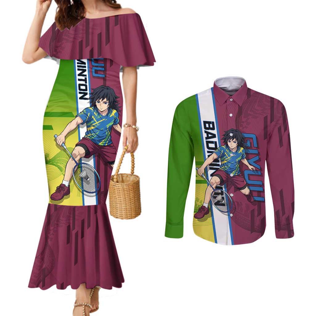 Personalized Giyuu Tomioka Demon Slayer Badminton Theme Couples Matching Mermaid Dress and Long Sleeve Button Shirt with Racket Action Pose and Tricolor Graphic Design - The Mazicc