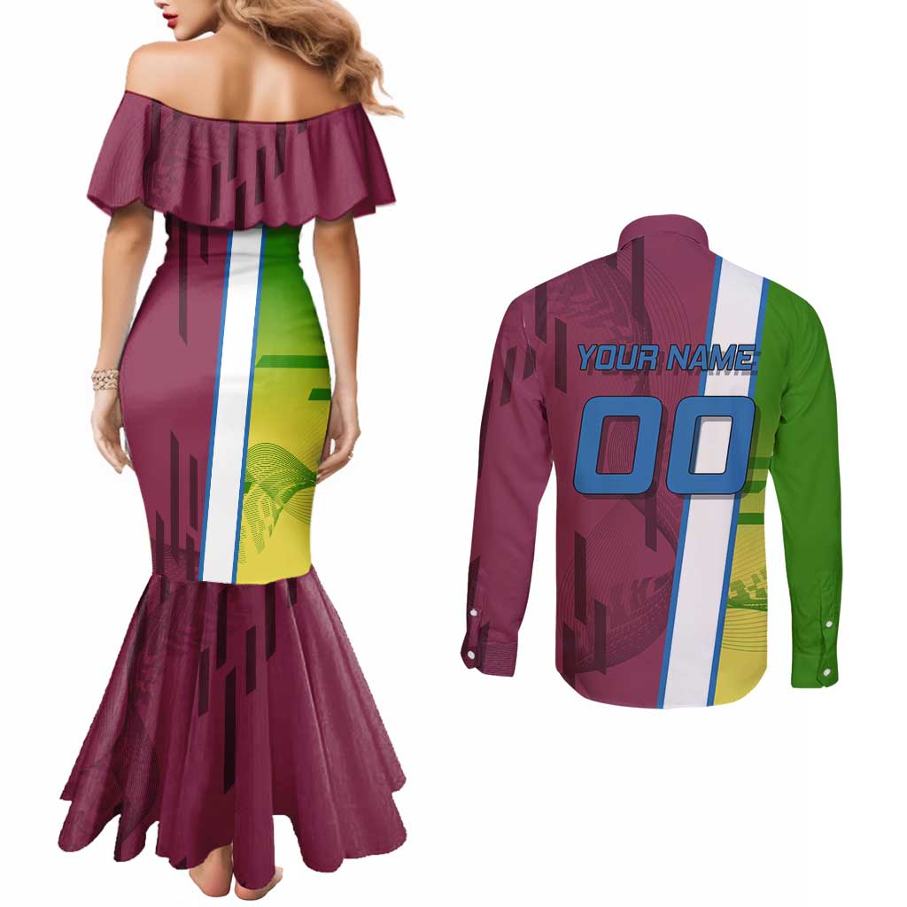 Personalized Giyuu Tomioka Demon Slayer Badminton Theme Couples Matching Mermaid Dress and Long Sleeve Button Shirt with Racket Action Pose and Tricolor Graphic Design - The Mazicc