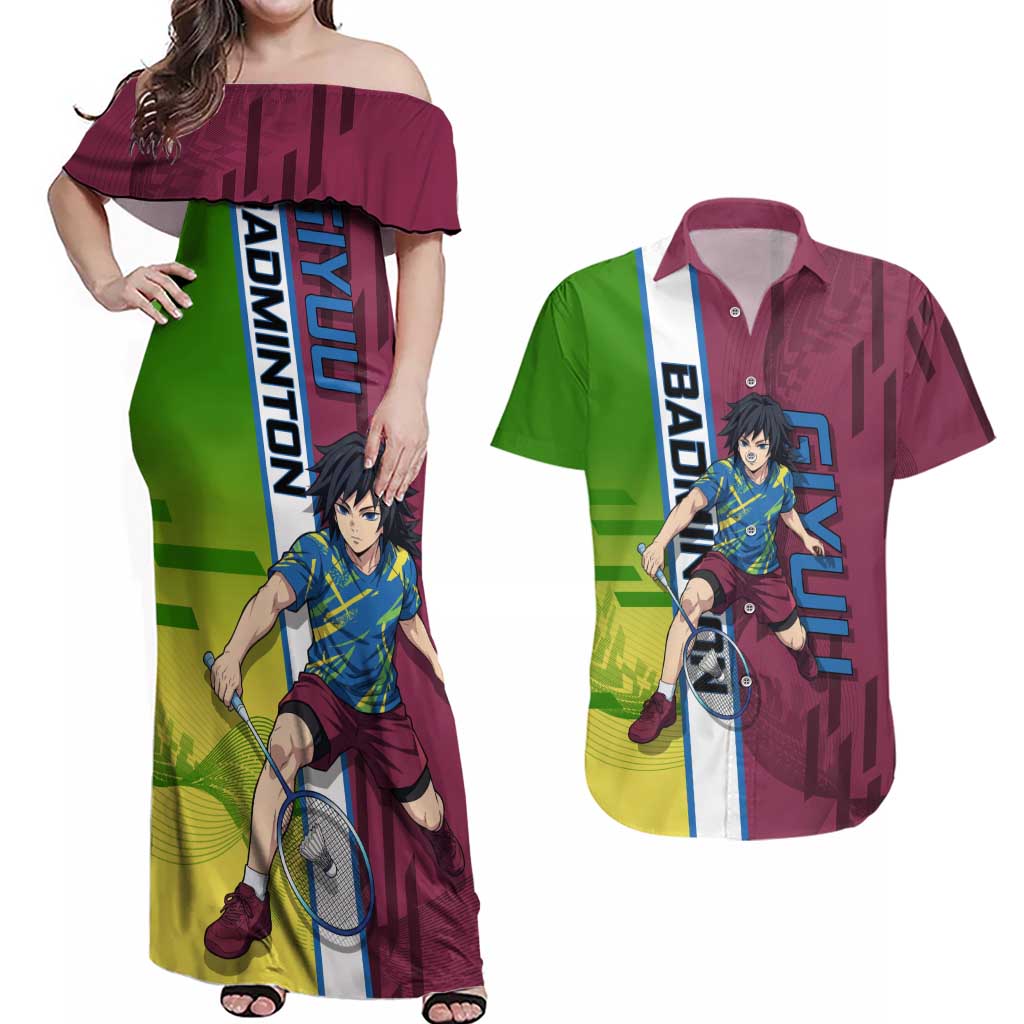 Personalized Giyuu Tomioka Demon Slayer Badminton Theme Couples Matching Off Shoulder Maxi Dress and Hawaiian Shirt with Racket Action Pose and Tricolor Graphic Design - The Mazicc