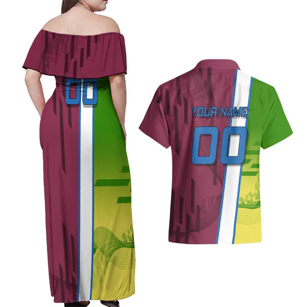 Personalized Giyuu Tomioka Demon Slayer Badminton Theme Couples Matching Off Shoulder Maxi Dress and Hawaiian Shirt with Racket Action Pose and Tricolor Graphic Design - The Mazicc