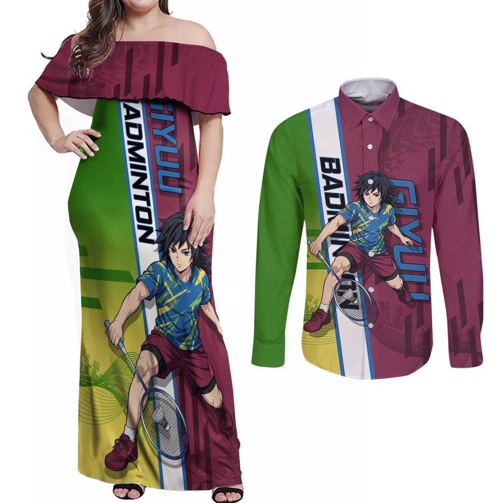 Personalized Giyuu Tomioka Demon Slayer Badminton Theme Couples Matching Off Shoulder Maxi Dress and Long Sleeve Button Shirt with Racket Action Pose and Tricolor Graphic Design - The Mazicc