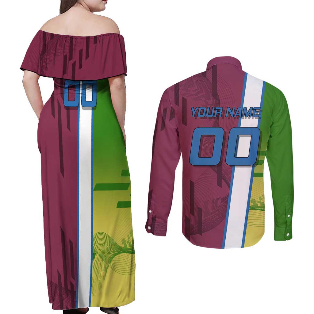 Personalized Giyuu Tomioka Demon Slayer Badminton Theme Couples Matching Off Shoulder Maxi Dress and Long Sleeve Button Shirt with Racket Action Pose and Tricolor Graphic Design - The Mazicc