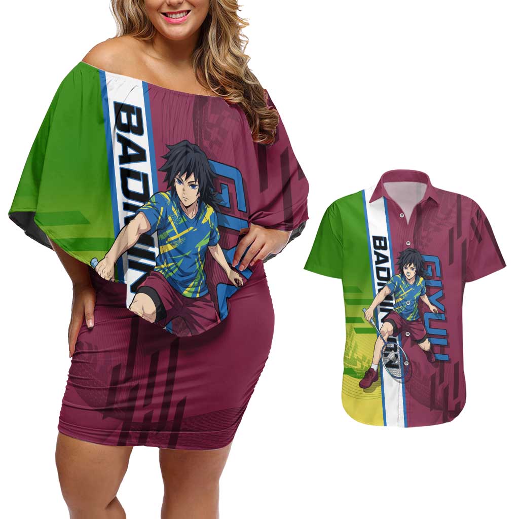 Personalized Giyuu Tomioka Demon Slayer Badminton Theme Couples Matching Off Shoulder Short Dress and Hawaiian Shirt with Racket Action Pose and Tricolor Graphic Design - The Mazicc