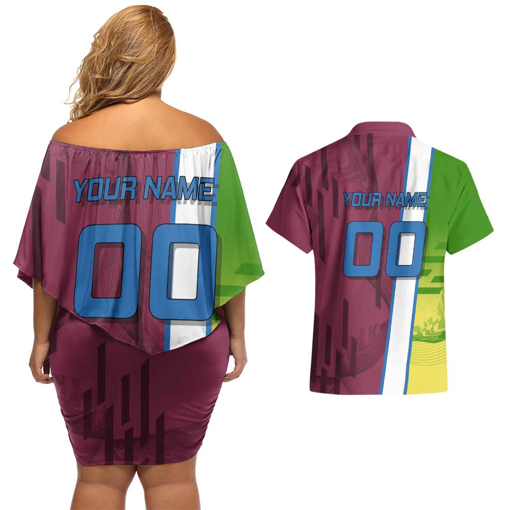 Personalized Giyuu Tomioka Demon Slayer Badminton Theme Couples Matching Off Shoulder Short Dress and Hawaiian Shirt with Racket Action Pose and Tricolor Graphic Design - The Mazicc