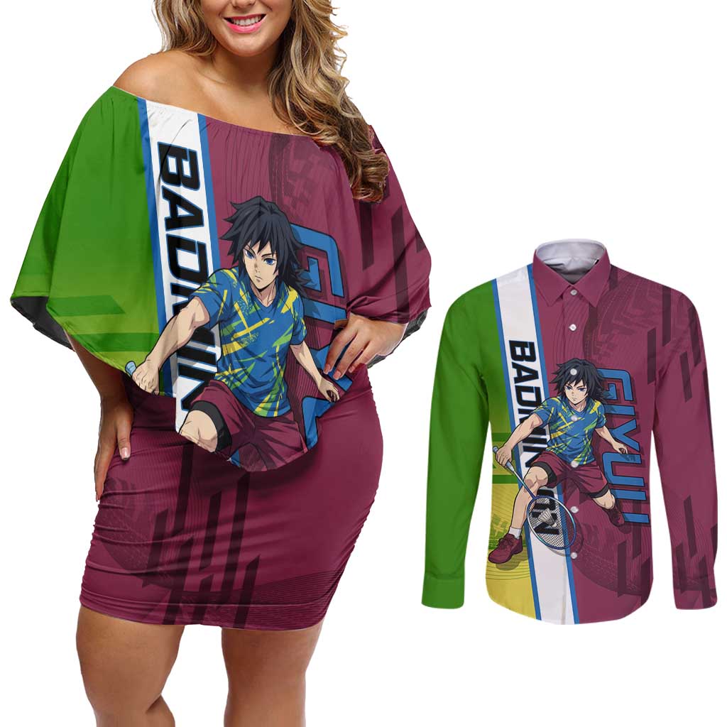 Personalized Giyuu Tomioka Demon Slayer Badminton Theme Couples Matching Off Shoulder Short Dress and Long Sleeve Button Shirt with Racket Action Pose and Tricolor Graphic Design - The Mazicc