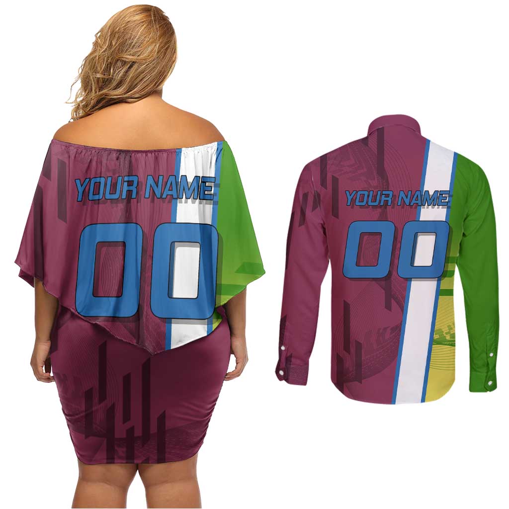 Personalized Giyuu Tomioka Demon Slayer Badminton Theme Couples Matching Off Shoulder Short Dress and Long Sleeve Button Shirt with Racket Action Pose and Tricolor Graphic Design - The Mazicc