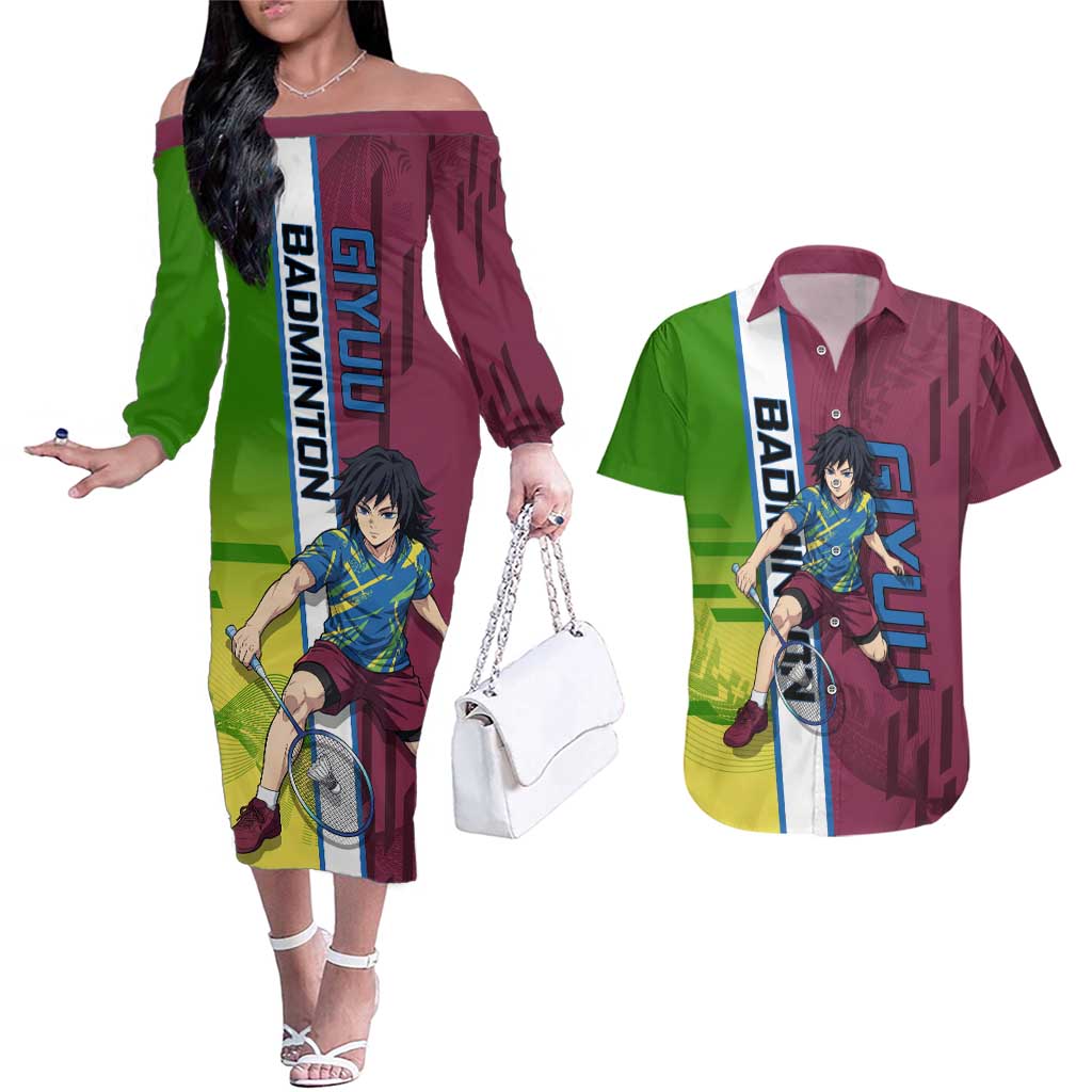 Personalized Giyuu Tomioka Demon Slayer Badminton Theme Couples Matching Off The Shoulder Long Sleeve Dress and Hawaiian Shirt with Racket Action Pose and Tricolor Graphic Design - The Mazicc