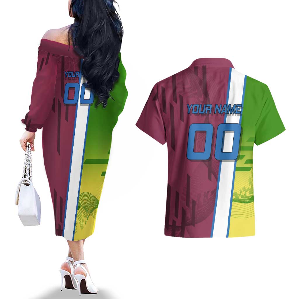 Personalized Giyuu Tomioka Demon Slayer Badminton Theme Couples Matching Off The Shoulder Long Sleeve Dress and Hawaiian Shirt with Racket Action Pose and Tricolor Graphic Design - The Mazicc