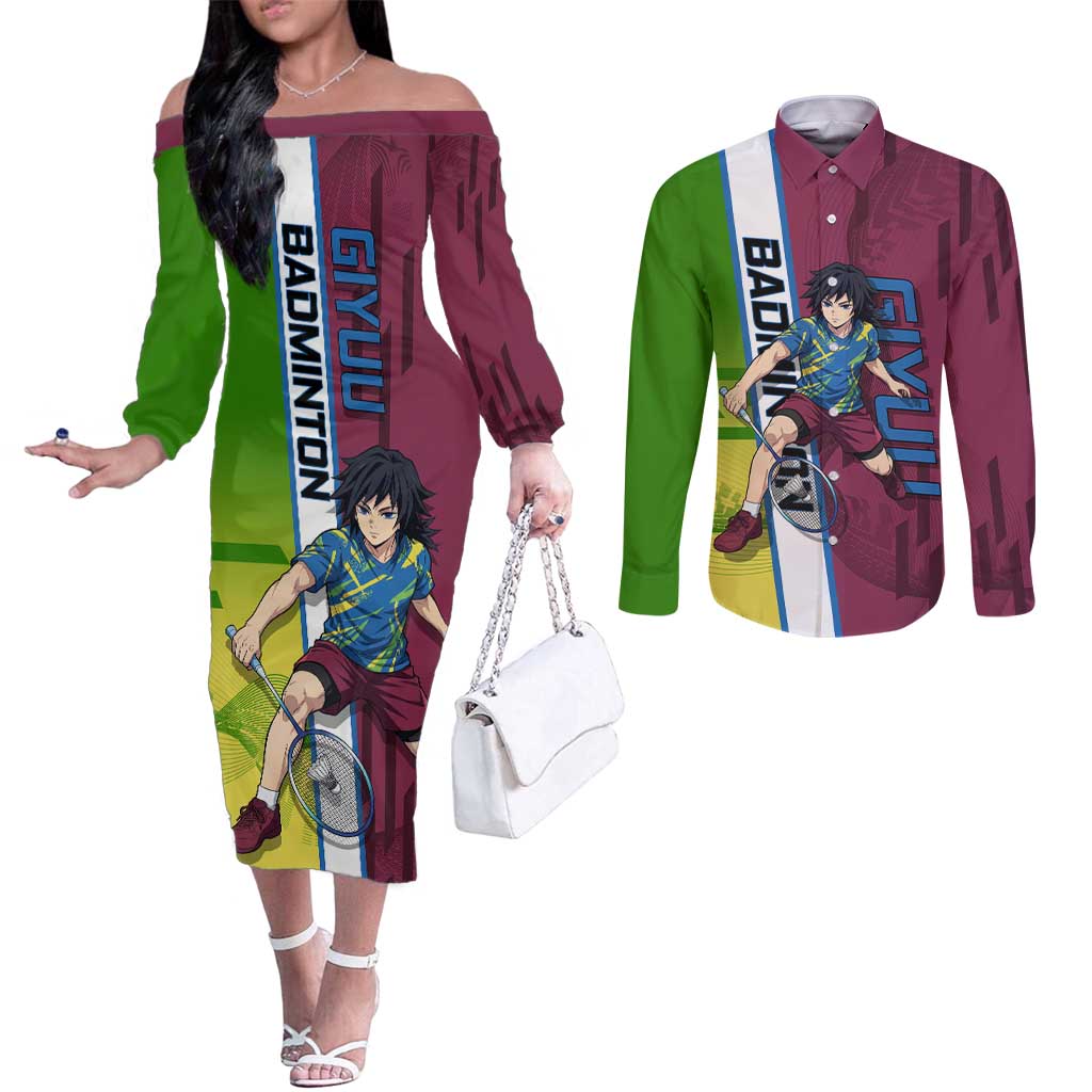 Personalized Giyuu Tomioka Demon Slayer Badminton Theme Couples Matching Off The Shoulder Long Sleeve Dress and Long Sleeve Button Shirt with Racket Action Pose and Tricolor Graphic Design - The Mazicc