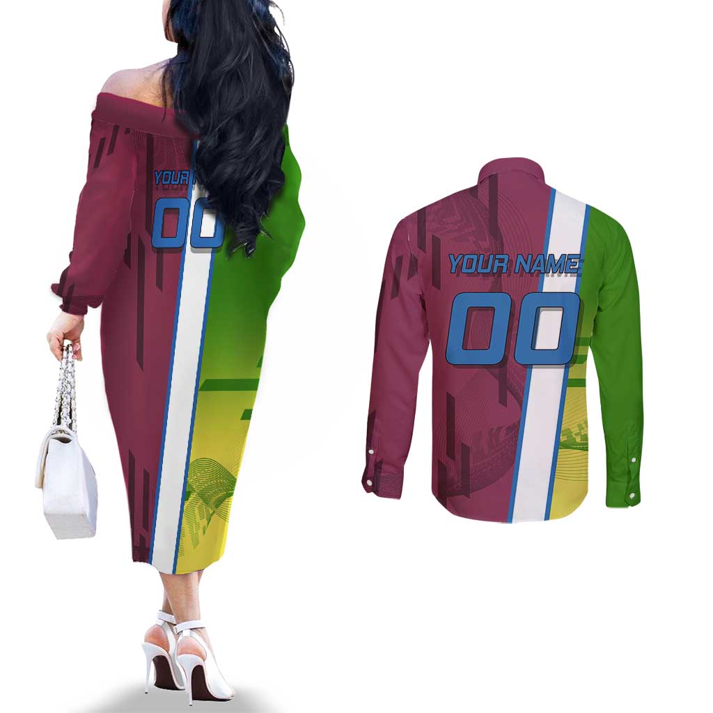 Personalized Giyuu Tomioka Demon Slayer Badminton Theme Couples Matching Off The Shoulder Long Sleeve Dress and Long Sleeve Button Shirt with Racket Action Pose and Tricolor Graphic Design - The Mazicc