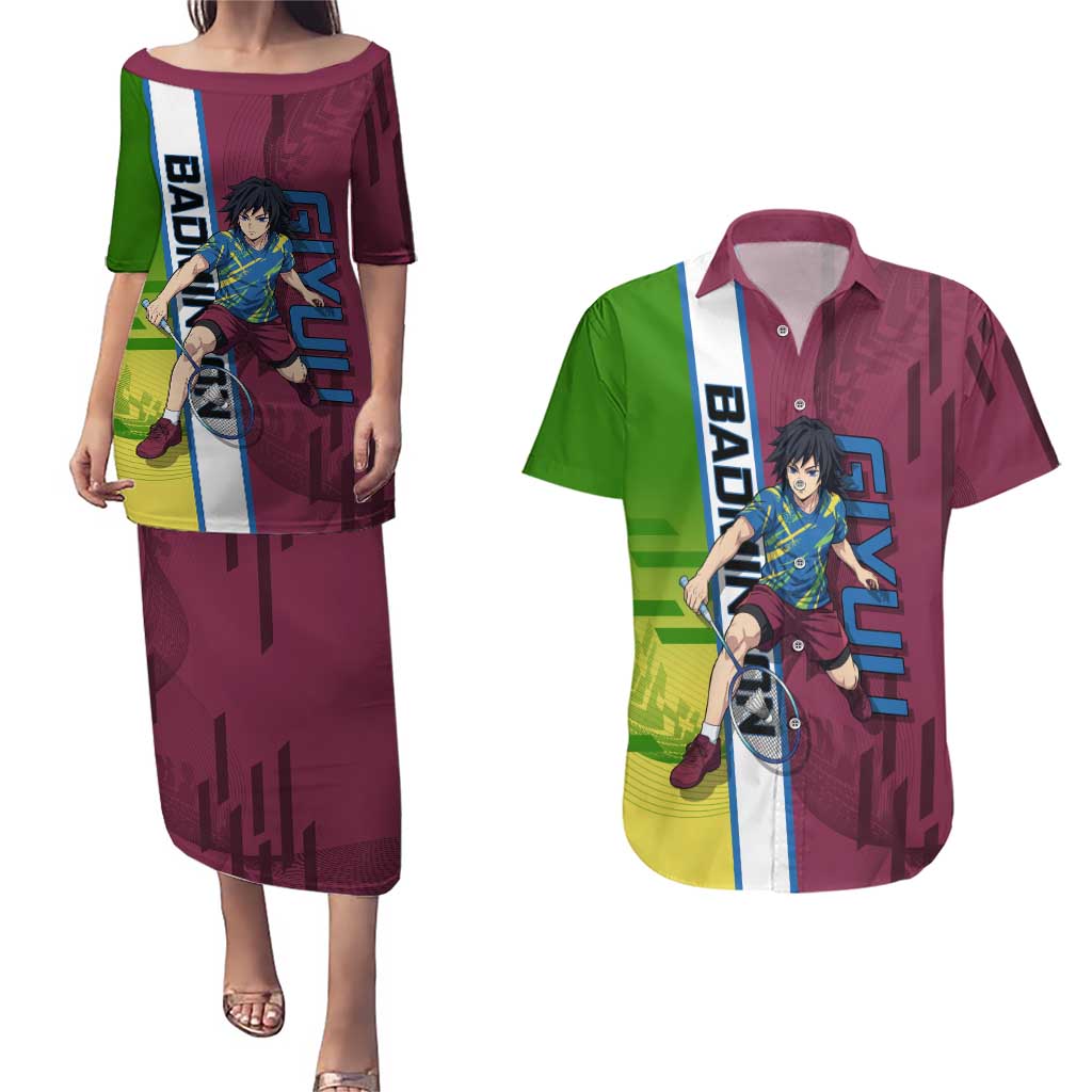 Personalized Giyuu Tomioka Demon Slayer Badminton Theme Couples Matching Puletasi and Hawaiian Shirt with Racket Action Pose and Tricolor Graphic Design - The Mazicc