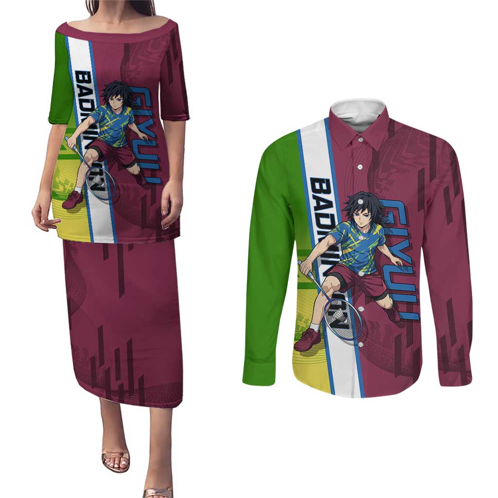 Personalized Giyuu Tomioka Demon Slayer Badminton Theme Couples Matching Puletasi and Long Sleeve Button Shirt with Racket Action Pose and Tricolor Graphic Design - The Mazicc