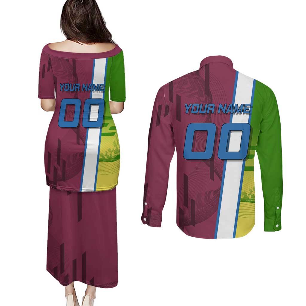 Personalized Giyuu Tomioka Demon Slayer Badminton Theme Couples Matching Puletasi and Long Sleeve Button Shirt with Racket Action Pose and Tricolor Graphic Design - The Mazicc