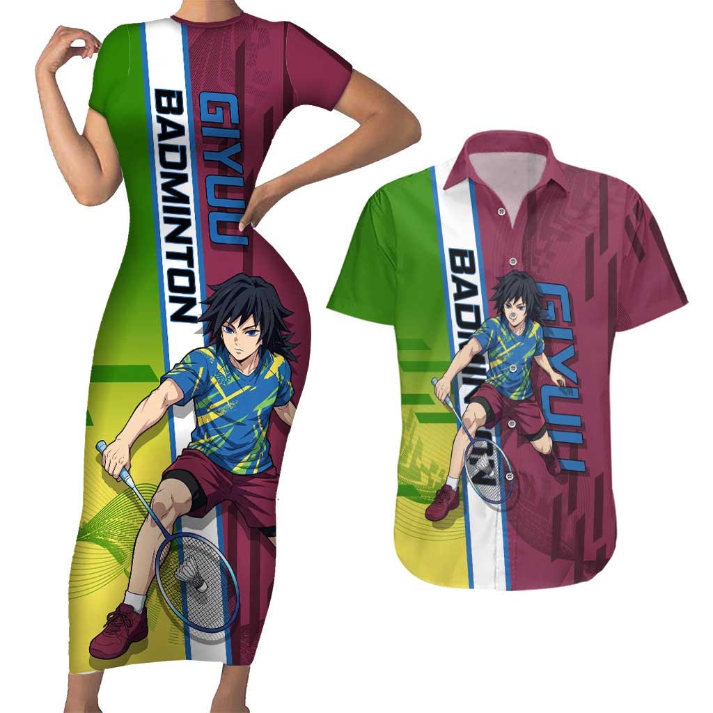 Personalized Giyuu Tomioka Demon Slayer Badminton Theme Couples Matching Short Sleeve Bodycon Dress and Hawaiian Shirt with Racket Action Pose and Tricolor Graphic Design - The Mazicc