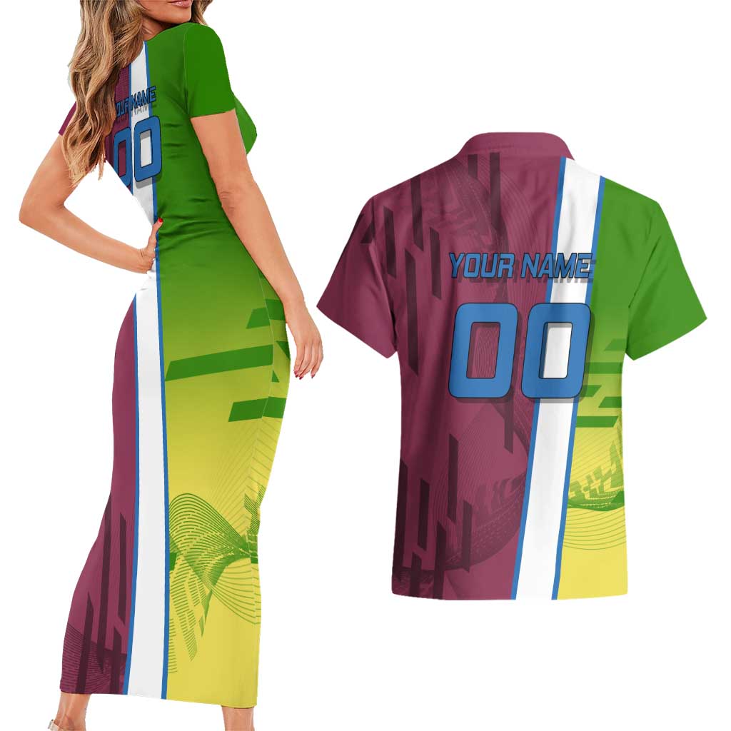 Personalized Giyuu Tomioka Demon Slayer Badminton Theme Couples Matching Short Sleeve Bodycon Dress and Hawaiian Shirt with Racket Action Pose and Tricolor Graphic Design - The Mazicc