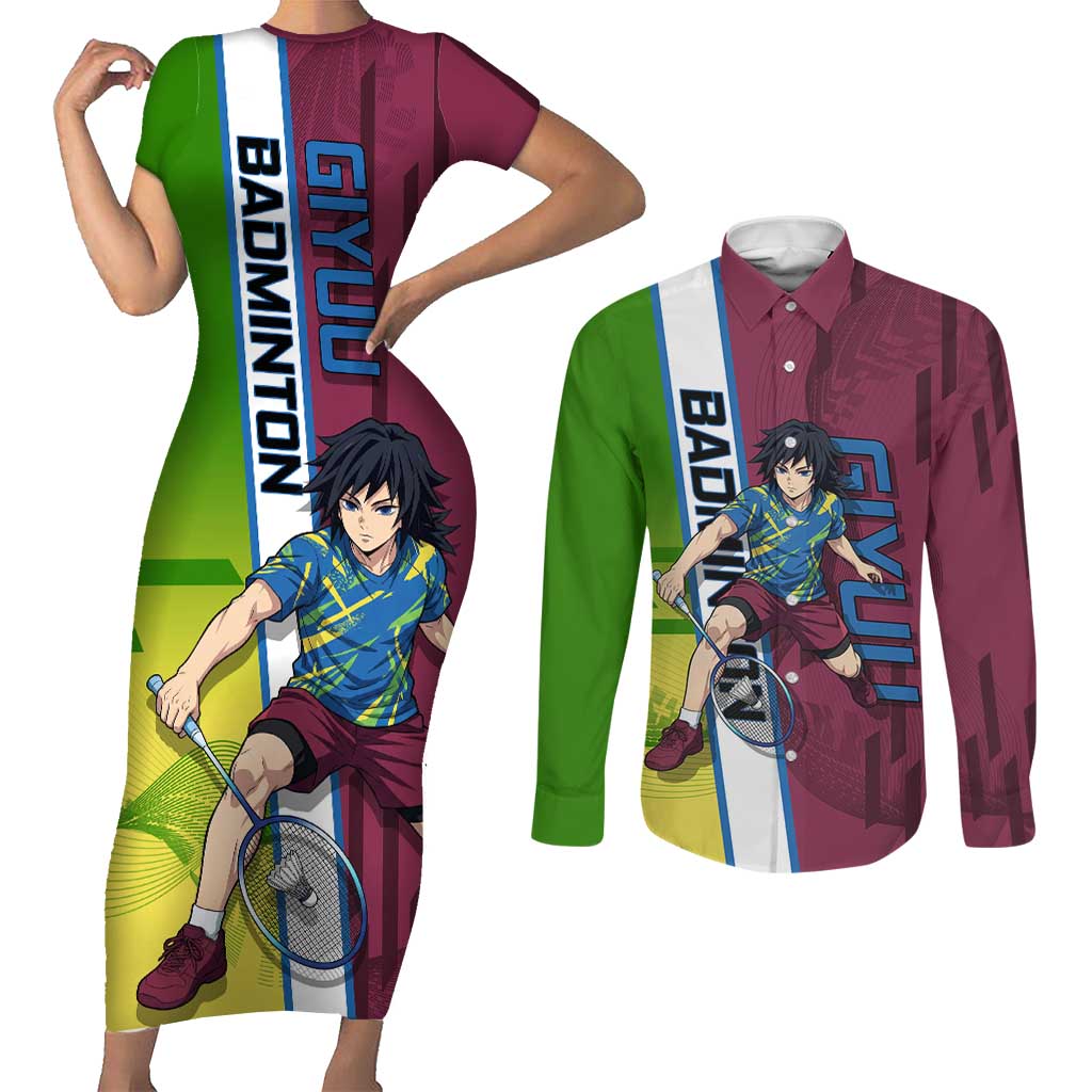 Personalized Giyuu Tomioka Demon Slayer Badminton Theme Couples Matching Short Sleeve Bodycon Dress and Long Sleeve Button Shirt with Racket Action Pose and Tricolor Graphic Design - The Mazicc