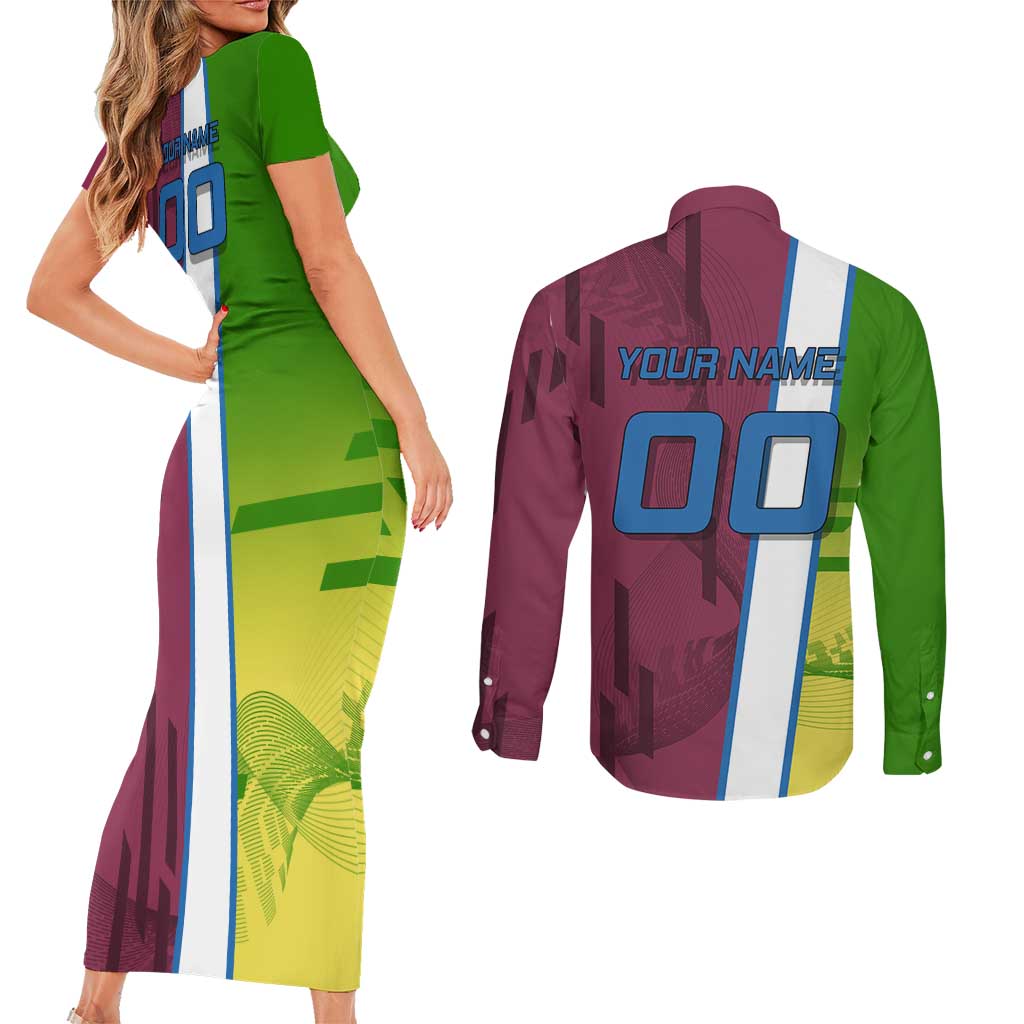 Personalized Giyuu Tomioka Demon Slayer Badminton Theme Couples Matching Short Sleeve Bodycon Dress and Long Sleeve Button Shirt with Racket Action Pose and Tricolor Graphic Design - The Mazicc