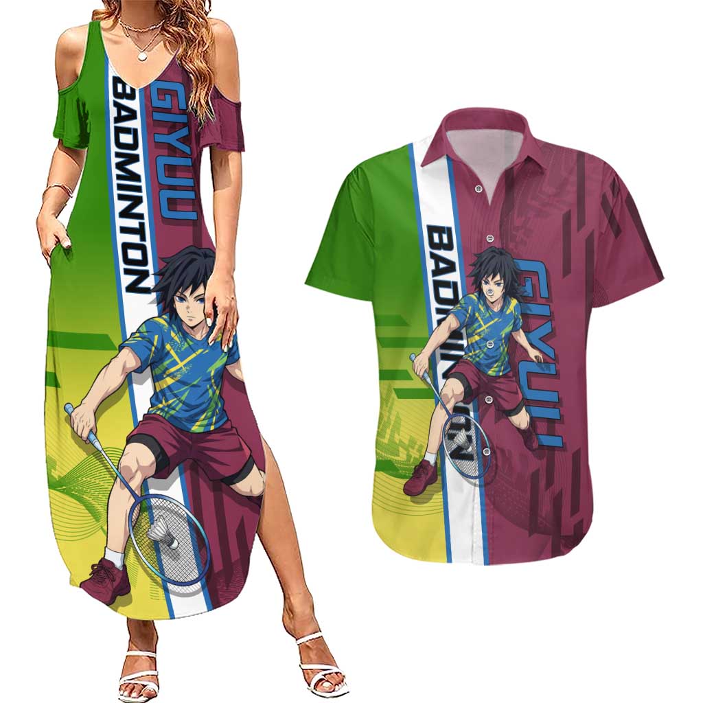 Personalized Giyuu Tomioka Demon Slayer Badminton Theme Couples Matching Summer Maxi Dress and Hawaiian Shirt with Racket Action Pose and Tricolor Graphic Design - The Mazicc