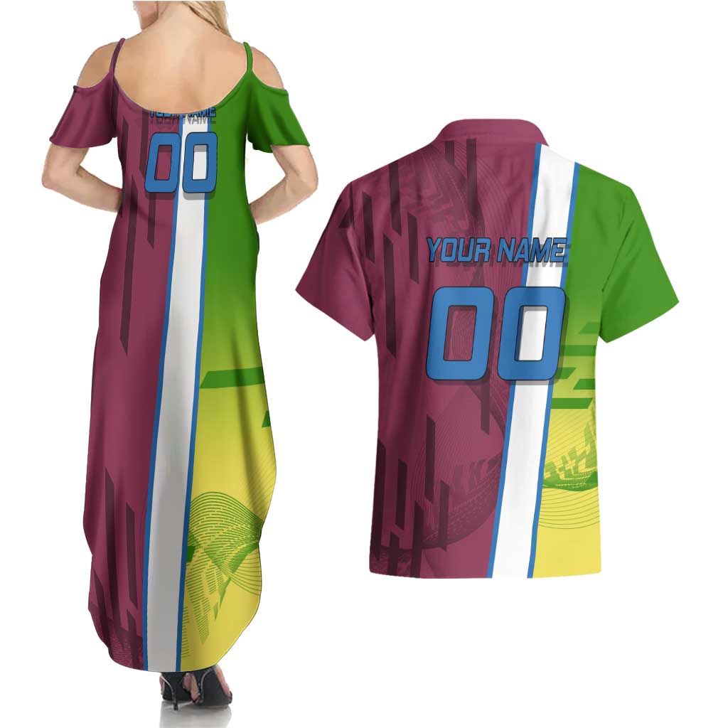 Personalized Giyuu Tomioka Demon Slayer Badminton Theme Couples Matching Summer Maxi Dress and Hawaiian Shirt with Racket Action Pose and Tricolor Graphic Design - The Mazicc