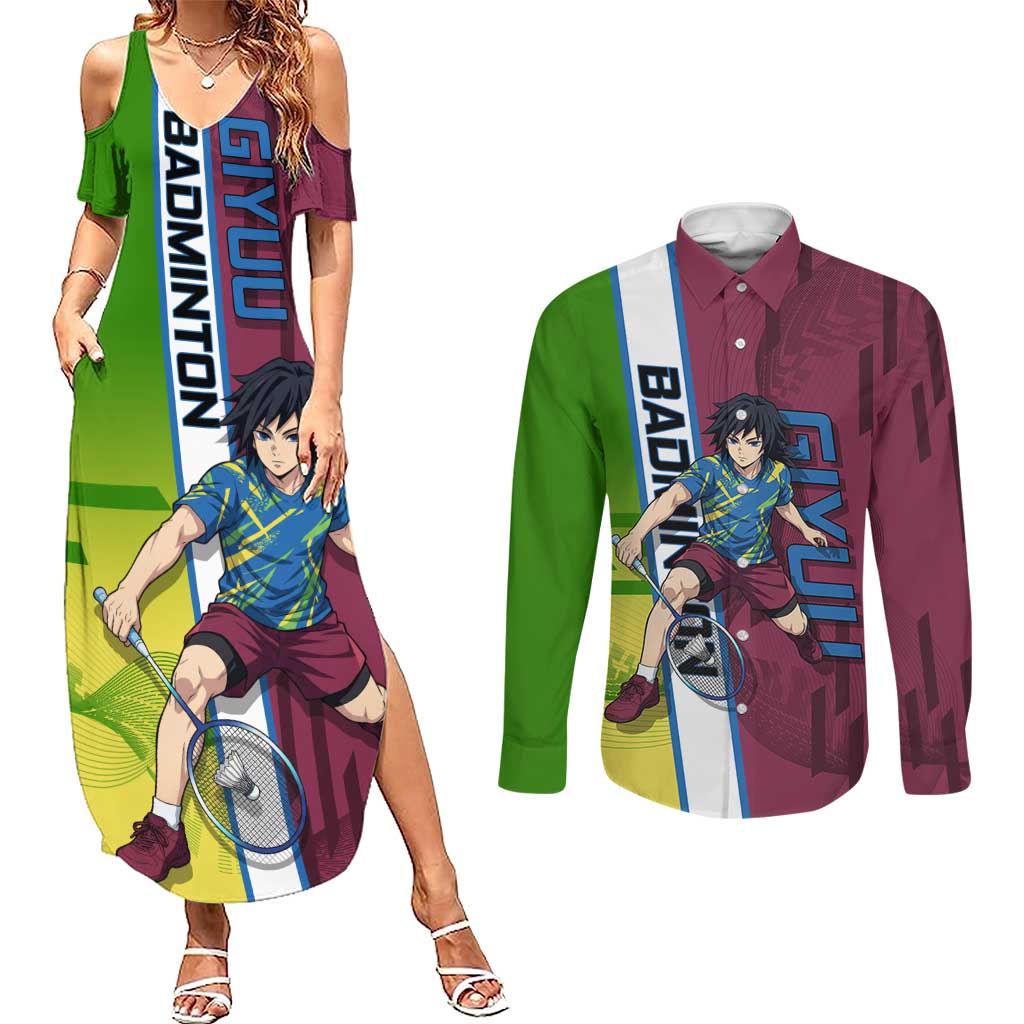 Personalized Giyuu Tomioka Demon Slayer Badminton Theme Couples Matching Summer Maxi Dress and Long Sleeve Button Shirt with Racket Action Pose and Tricolor Graphic Design - The Mazicc