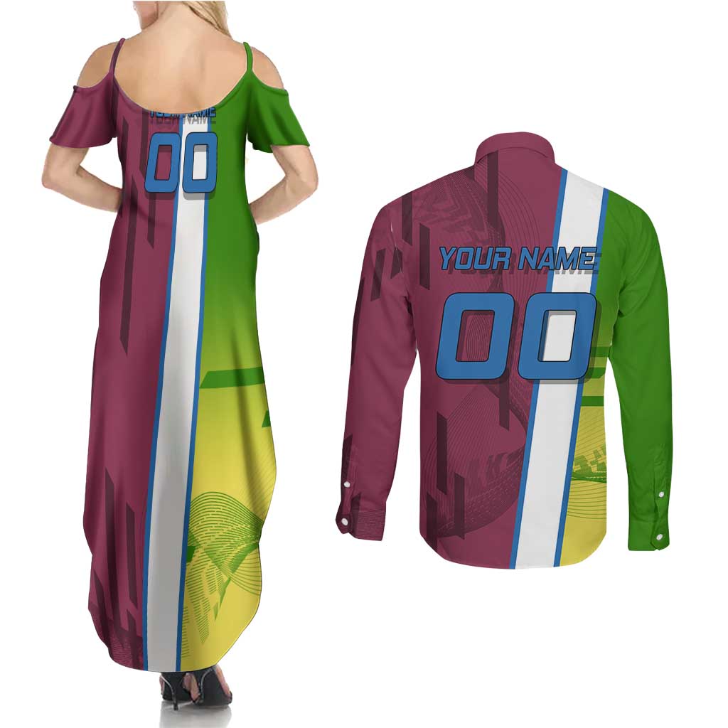 Personalized Giyuu Tomioka Demon Slayer Badminton Theme Couples Matching Summer Maxi Dress and Long Sleeve Button Shirt with Racket Action Pose and Tricolor Graphic Design - The Mazicc