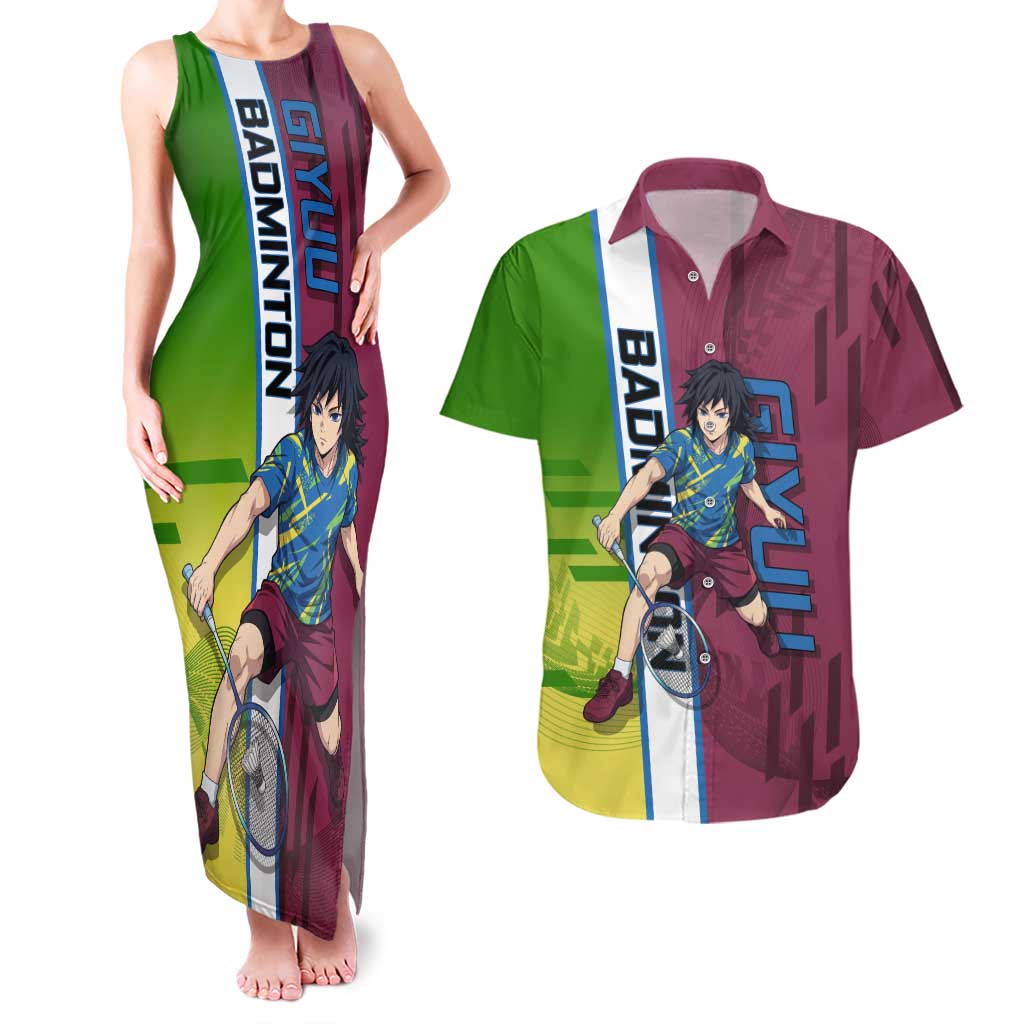 Personalized Giyuu Tomioka Demon Slayer Badminton Theme Couples Matching Tank Maxi Dress and Hawaiian Shirt with Racket Action Pose and Tricolor Graphic Design - The Mazicc