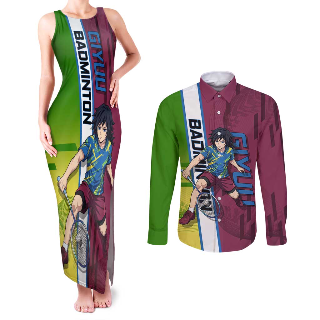 Personalized Giyuu Tomioka Demon Slayer Badminton Theme Couples Matching Tank Maxi Dress and Long Sleeve Button Shirt with Racket Action Pose and Tricolor Graphic Design - The Mazicc