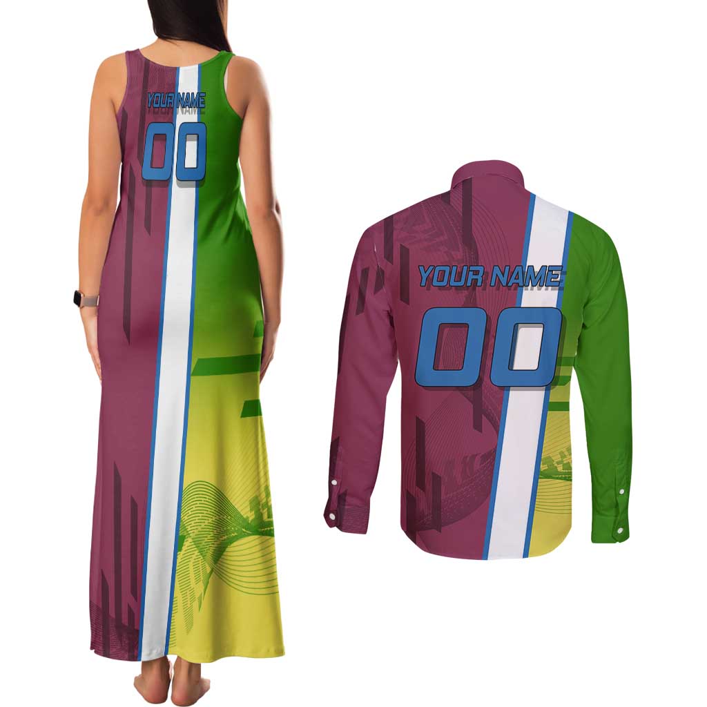 Personalized Giyuu Tomioka Demon Slayer Badminton Theme Couples Matching Tank Maxi Dress and Long Sleeve Button Shirt with Racket Action Pose and Tricolor Graphic Design - The Mazicc