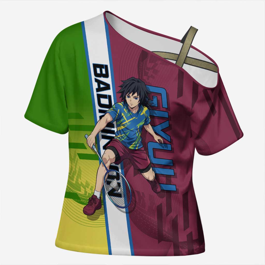 Personalized Giyuu Tomioka Demon Slayer Badminton Theme Cross Shoulder Shirt with Racket Action Pose and Tricolor Graphic Design - The Mazicc
