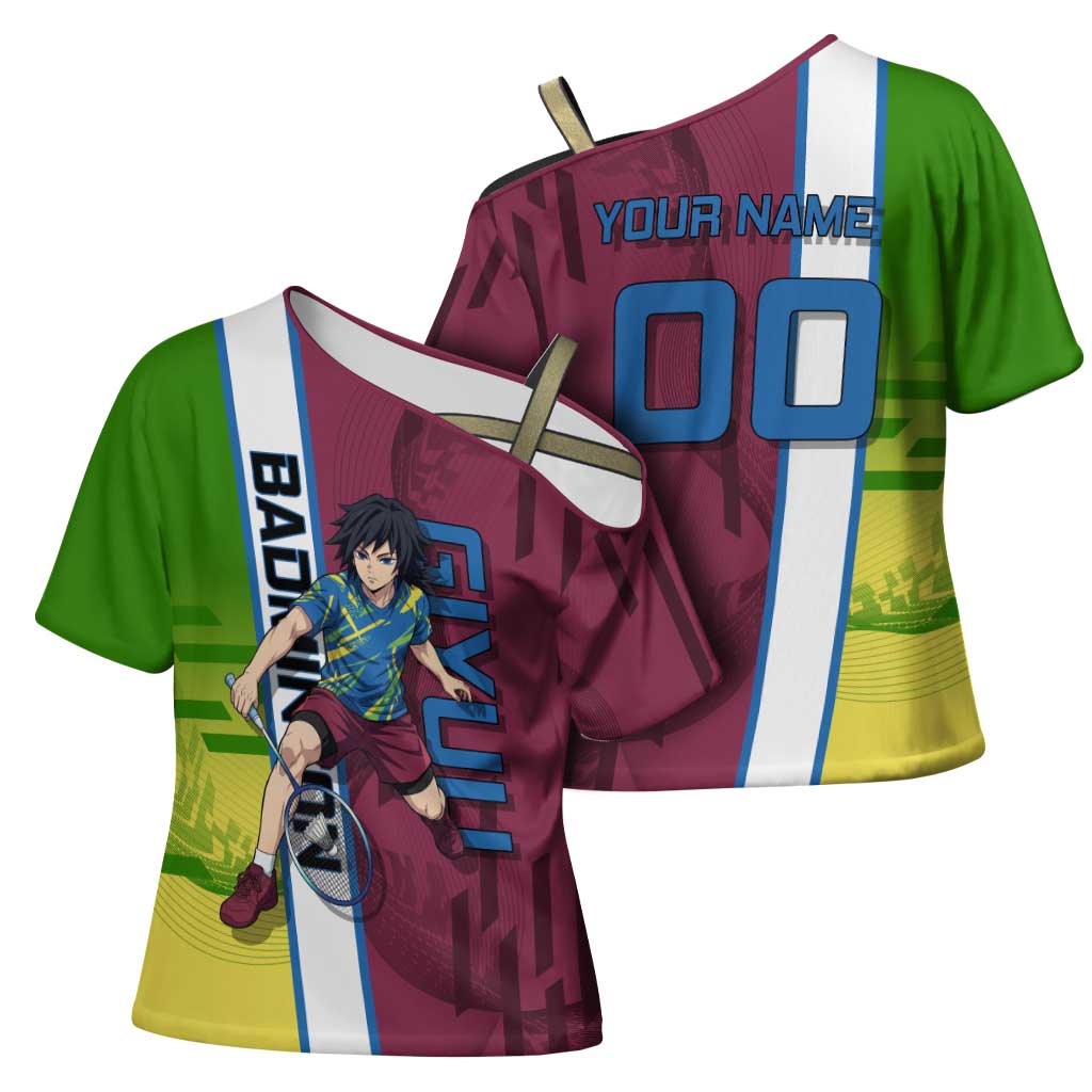Personalized Giyuu Tomioka Demon Slayer Badminton Theme Cross Shoulder Shirt with Racket Action Pose and Tricolor Graphic Design - The Mazicc