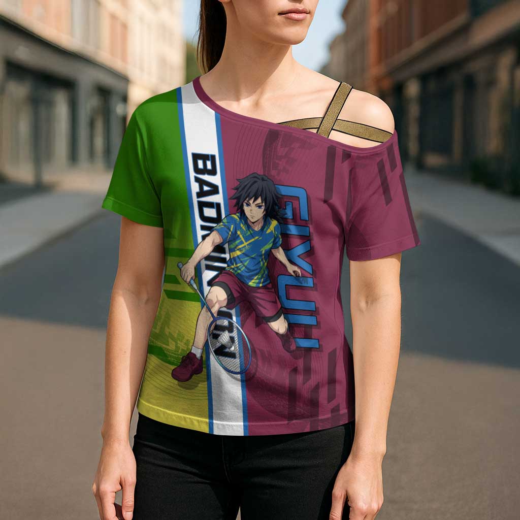Personalized Giyuu Tomioka Demon Slayer Badminton Theme Cross Shoulder Shirt with Racket Action Pose and Tricolor Graphic Design - The Mazicc