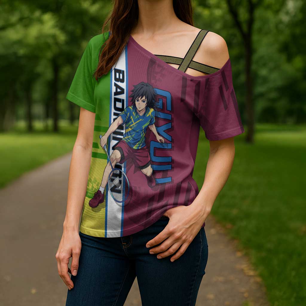 Personalized Giyuu Tomioka Demon Slayer Badminton Theme Cross Shoulder Shirt with Racket Action Pose and Tricolor Graphic Design - The Mazicc