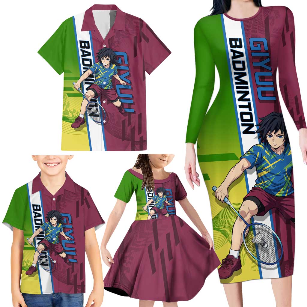 Personalized Giyuu Tomioka Demon Slayer Badminton Theme Family Matching Long Sleeve Bodycon Dress and Hawaiian Shirt with Racket Action Pose and Tricolor Graphic Design