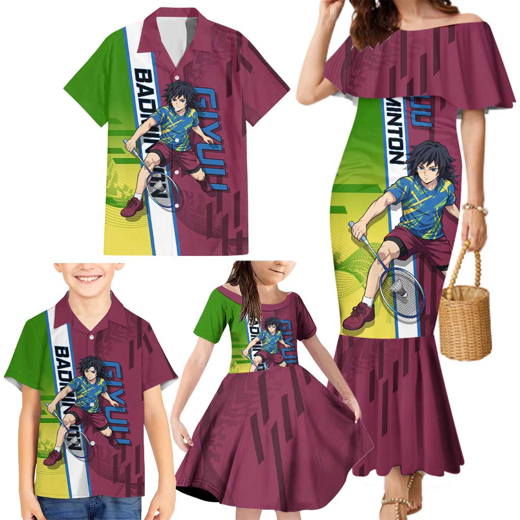 Personalized Giyuu Tomioka Demon Slayer Badminton Theme Family Matching Mermaid Dress and Hawaiian Shirt with Racket Action Pose and Tricolor Graphic Design