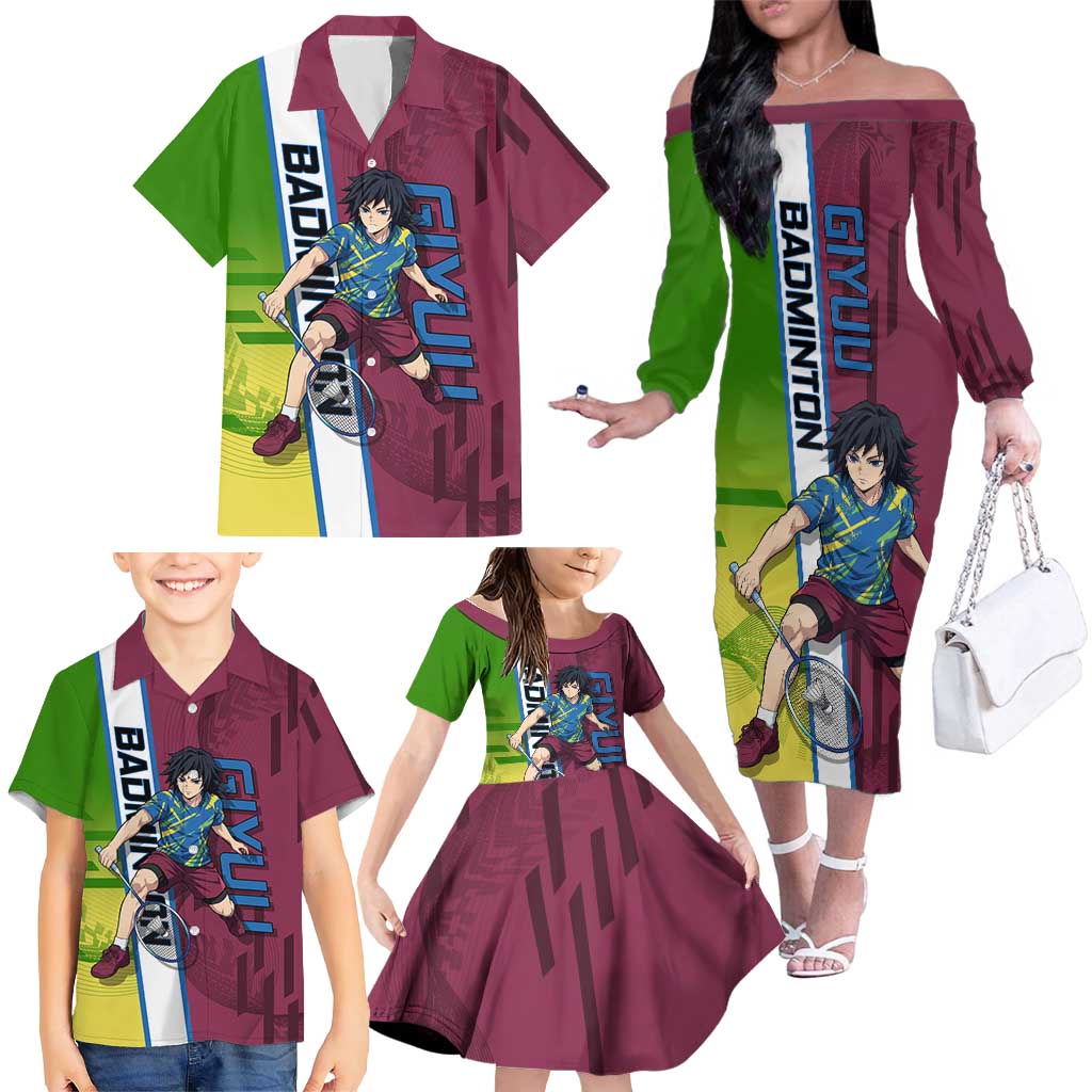 Personalized Giyuu Tomioka Demon Slayer Badminton Theme Family Matching Off The Shoulder Long Sleeve Dress and Hawaiian Shirt with Racket Action Pose and Tricolor Graphic Design