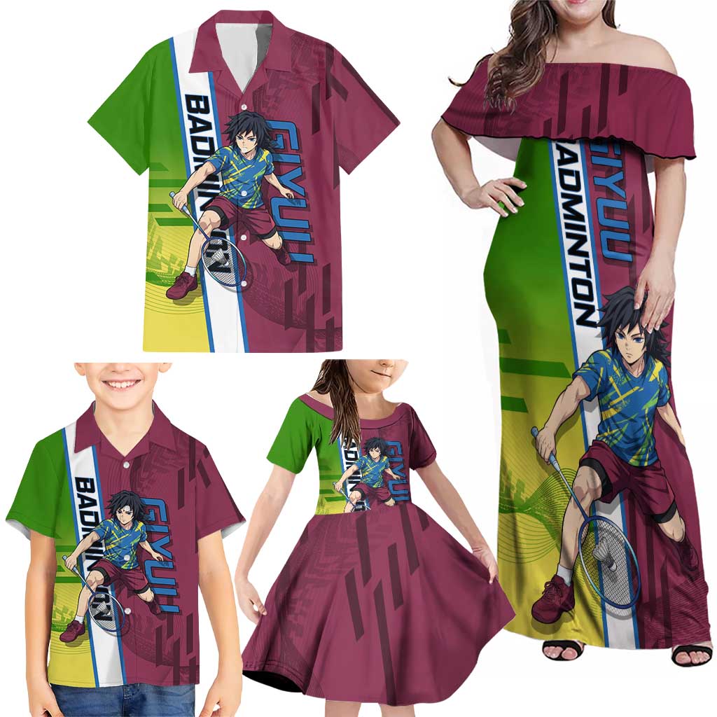 Personalized Giyuu Tomioka Demon Slayer Badminton Theme Family Matching Off Shoulder Maxi Dress and Hawaiian Shirt with Racket Action Pose and Tricolor Graphic Design