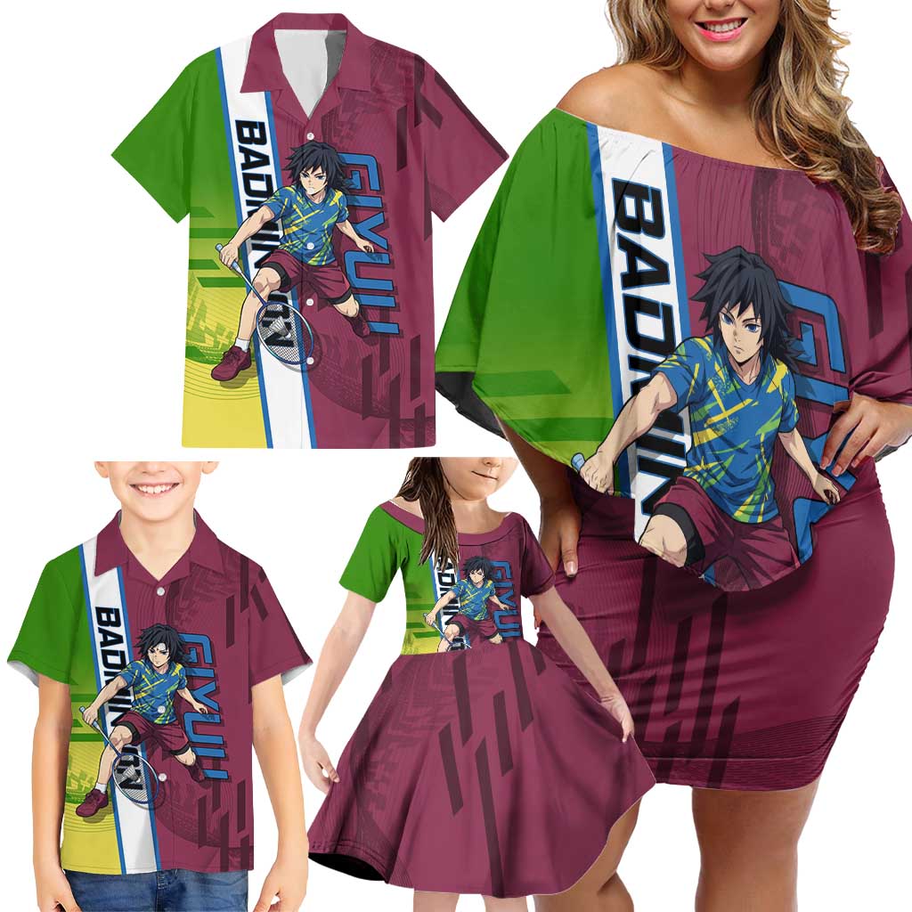 Personalized Giyuu Tomioka Demon Slayer Badminton Theme Family Matching Off Shoulder Short Dress and Hawaiian Shirt with Racket Action Pose and Tricolor Graphic Design