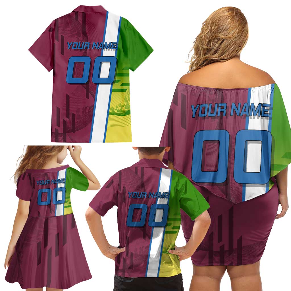 Personalized Giyuu Tomioka Demon Slayer Badminton Theme Family Matching Off Shoulder Short Dress and Hawaiian Shirt with Racket Action Pose and Tricolor Graphic Design